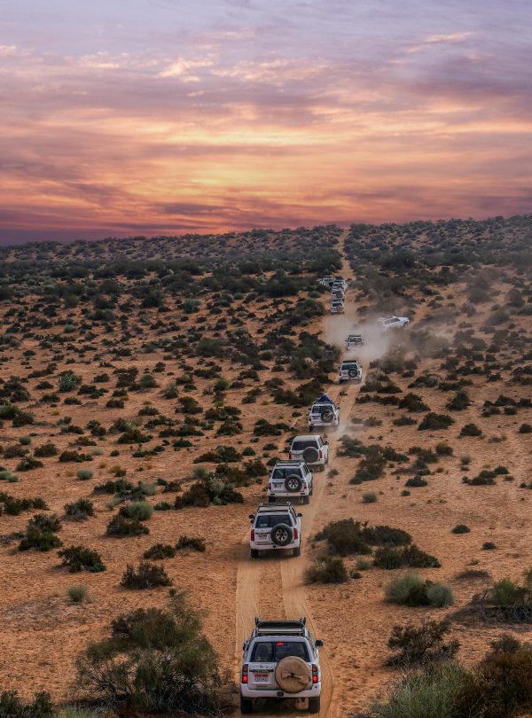 drone shot of expedition vehicles in a convoy driving dusty tracks